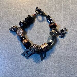 Chunky Black & Gold Beaded Biker Charm Bracelet